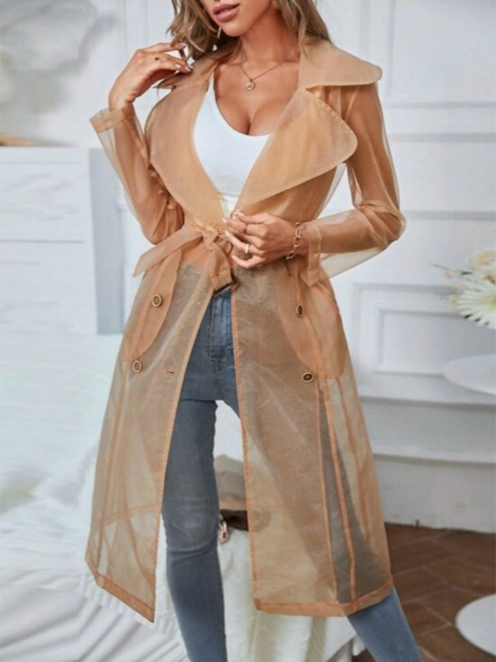 Apricot Casual Women's Sheer Mesh Long Transparent Tie-Front Windbreaker